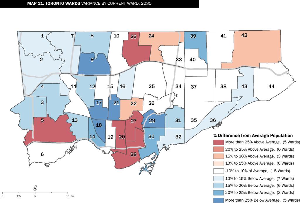 Map 11: Toronto Ward Variance by Current Ward, 2030