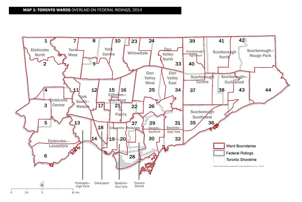 Map 1: Toronto Wards Overlaid on Federal Ridings,
