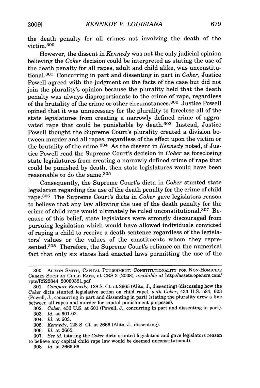 2009] KENNEDY V. LOUISIANA the death penalty for all crimes not involving the death of the victim.