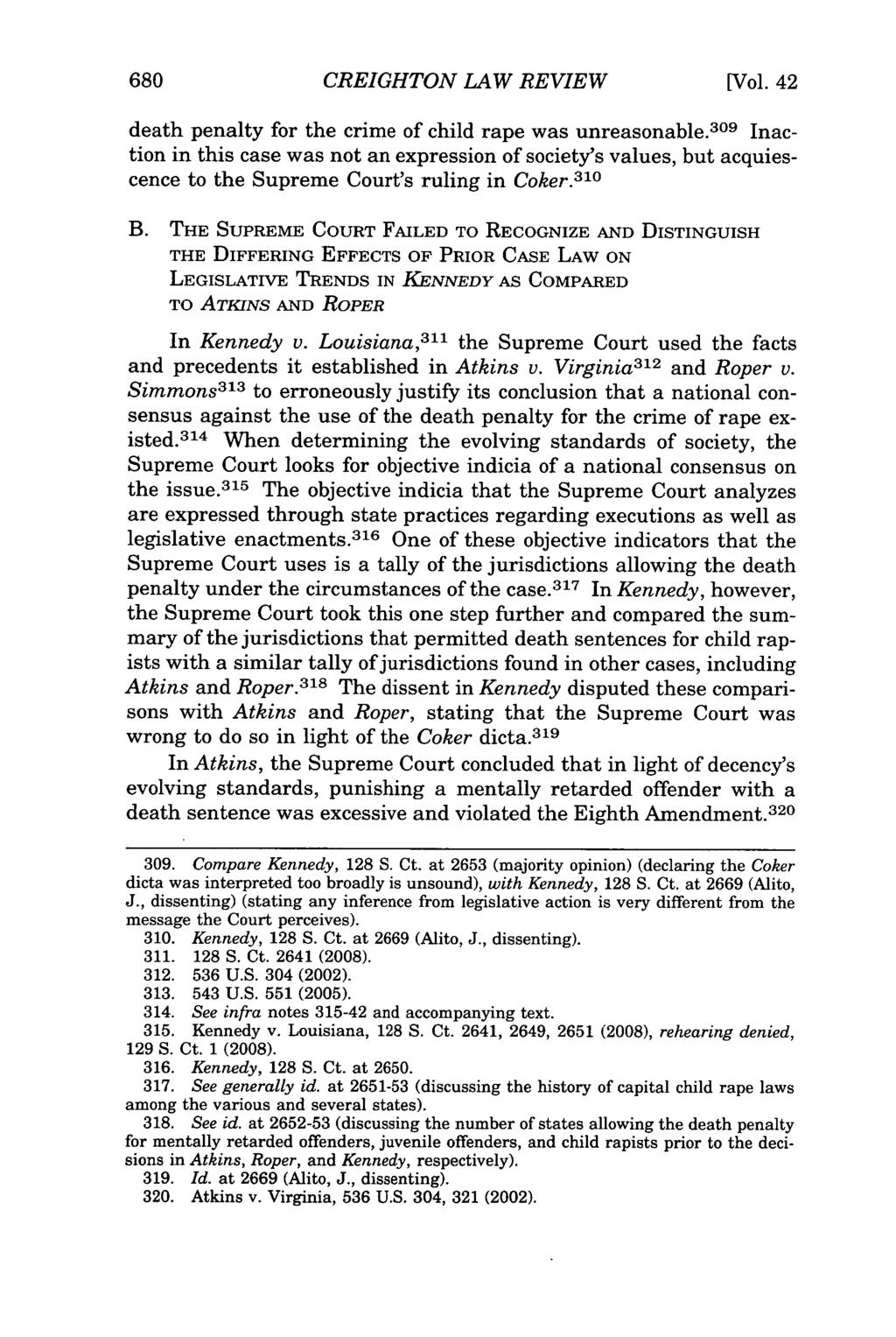 CREIGHTON LAW REVIEW [Vol. 42 death penalty for the crime of child rape was unreasonable.