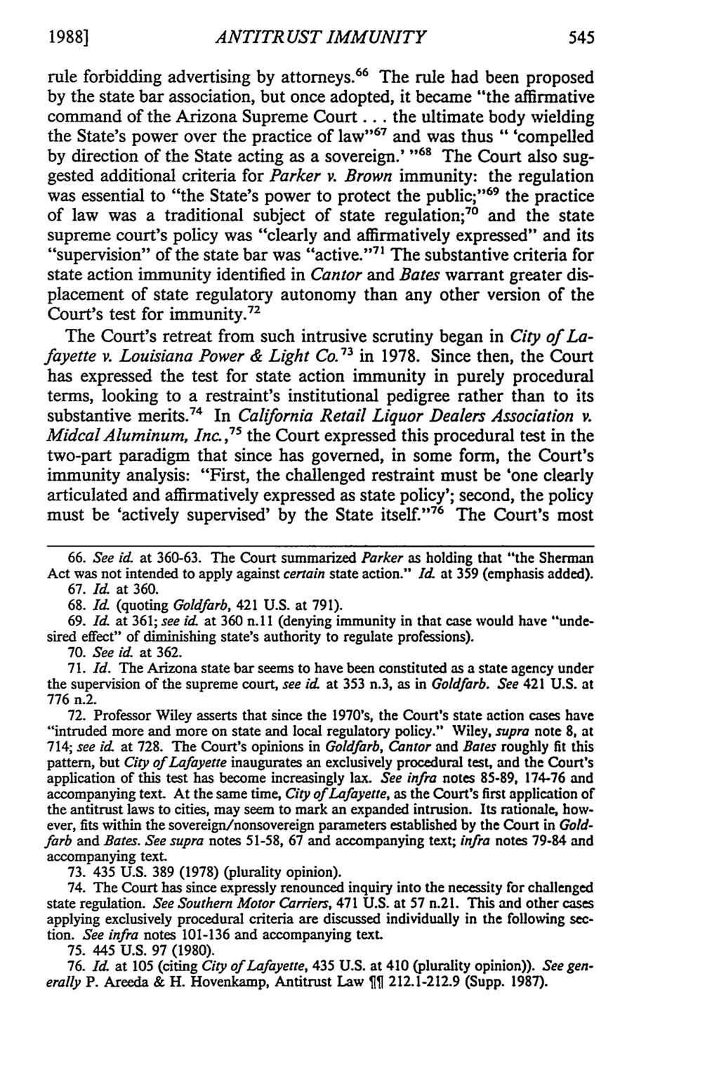1988] ANTITRUST IMMUNITY rule forbidding advertising by attorneys.