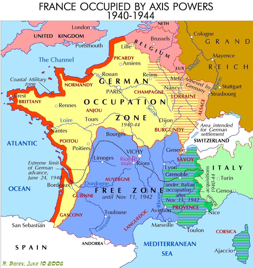 FRANCE SURRENDERS France signed armistice in June, 1940 ½ of France is German occupied ½ of France is free, known as Vichy France Vichy France