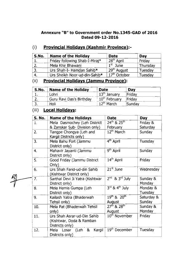 ~- Annexure '6" to Government order No.1345-GAD of 2016 Dated 09-12-2016 (i) Provincial Holidavs (Kashrnir Province):- - -.- S.No. -- Name of the Holiday Date 1.
