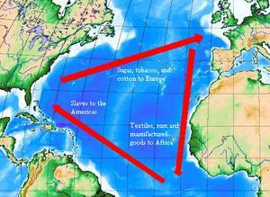 _ Triangular Trade Route _ Mercantilism helped create trade patterns such as the triangular trade in the North Atlantic, in which raw materials were imported to the metropolis and then processed and