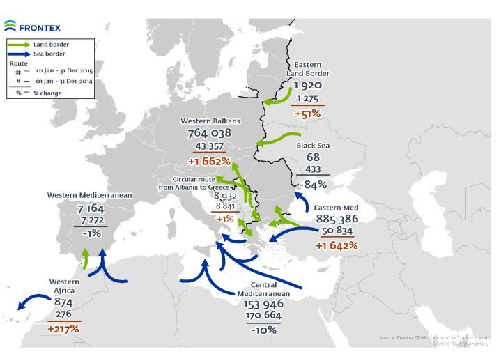 Slika 4.9: Naraščanje števila prehodov v obdobju 2014/15 Vir: Frontex (2016g). Glavna točka prečkanja na arktični poti je bil Storskog, kjer je bilo zabeleženih veliko prošenj za azil (čez 5.200).