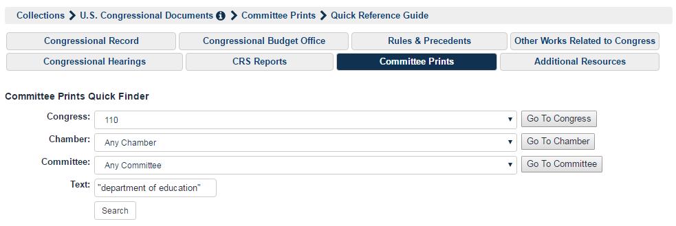 This tool allows you to quickly search for a hearing by: Congress - Select a congress number, or choose Any Congress if you do not know which Congress the hearing was held in.
