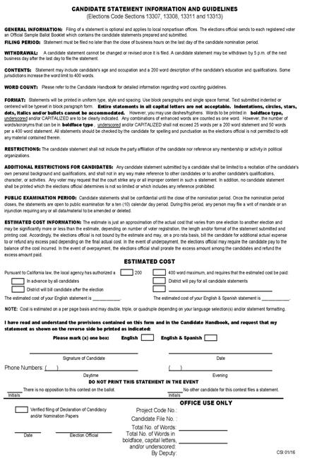 CANDIDATE STATEMENTS CANDIDATE STATEMENT FORM (Sample below) The Candidate Statement Form is provided for candidate use in submitting statements to be printed in the Official Sample Ballot Booklet.