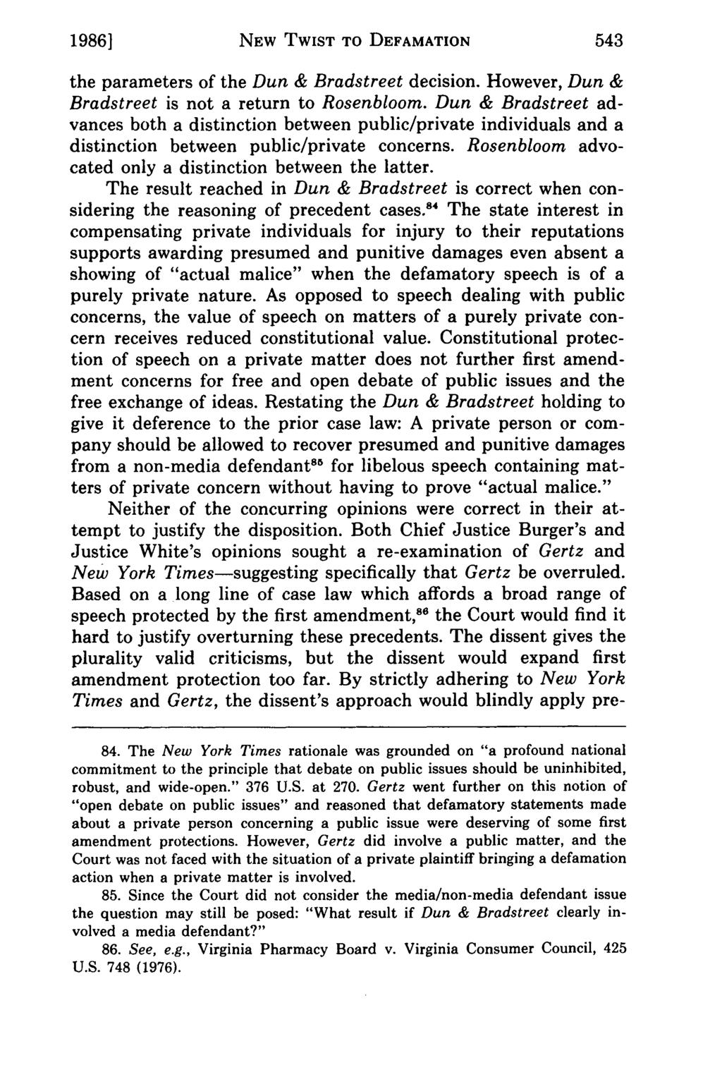 1986] Lloyd: Constitutional NEW Law TWIST - A New TO Twist DEFAMATION to the Law of Defamation - Dun & the parameters of the Dun & Bradstreet decision.