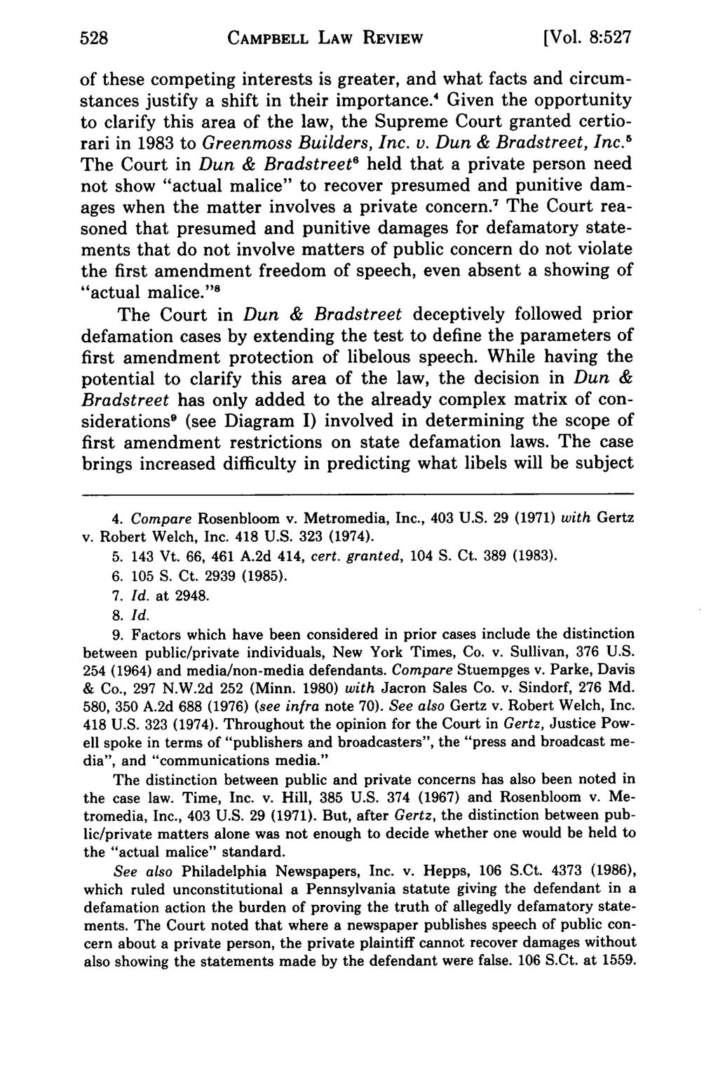 528 Campbell CAMPBELL Law Review, LAW Vol. REVIEW 8, Iss. 3 [1986], Art. 7 [Vol. 8:527 of these competing interests is greater, and what facts and circumstances justify a shift in their importance.