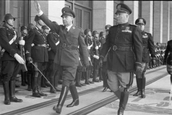 Poglavnik Ante Pavelic (left) with Italy's Duce Benito Mussolini (right) in Rome, Italy on 18 May 1941, during the ceremony of