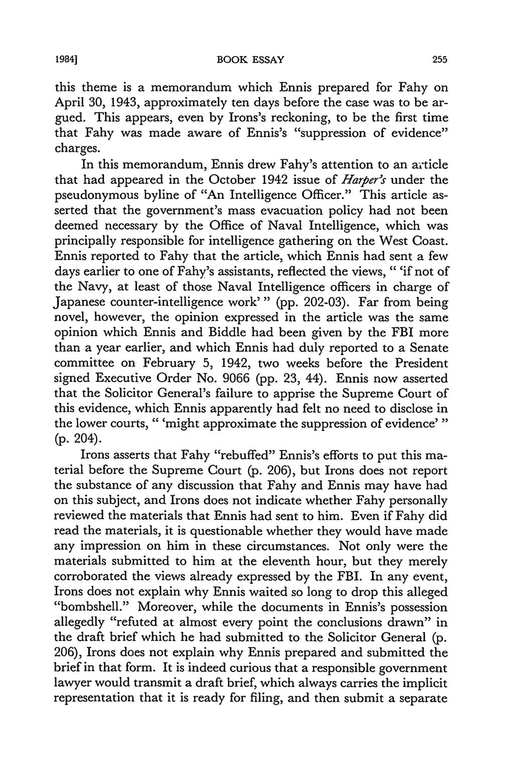 1984] BOOK ESSAY this theme is a memorandum which Ennis prepared for Fahy on April 30, 1943, approximately ten days before the case was to be argued.