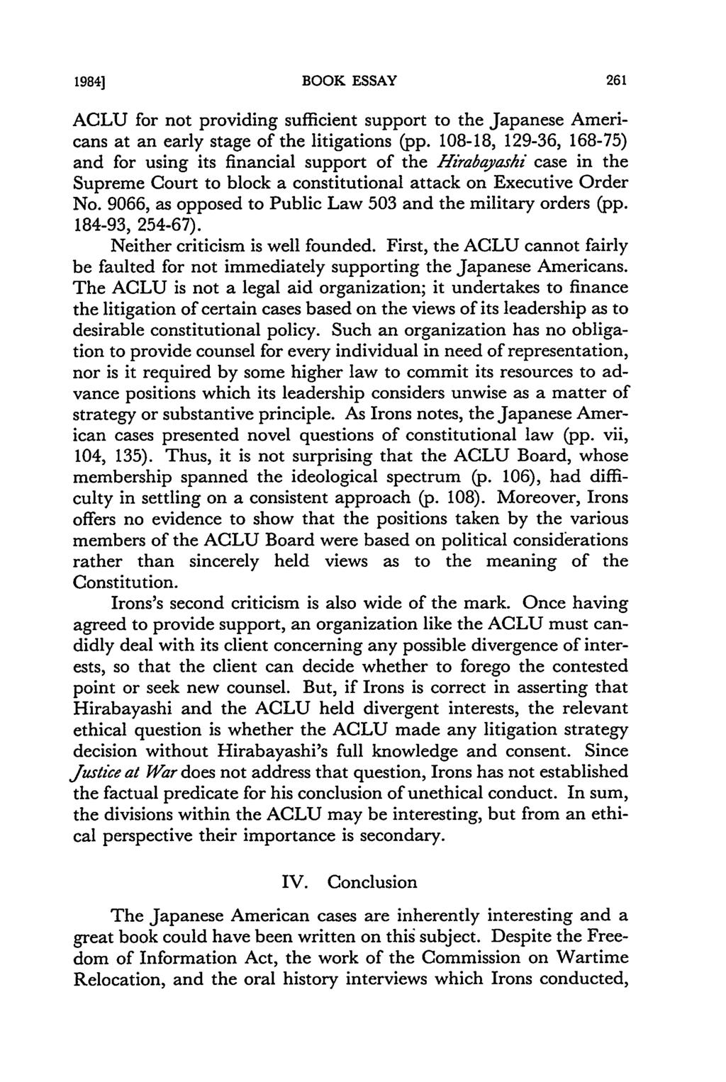 1984] BOOK ESSAY ACLU for not providing sufficient support to the Japanese Americans at an early stage of the litigations (pp.