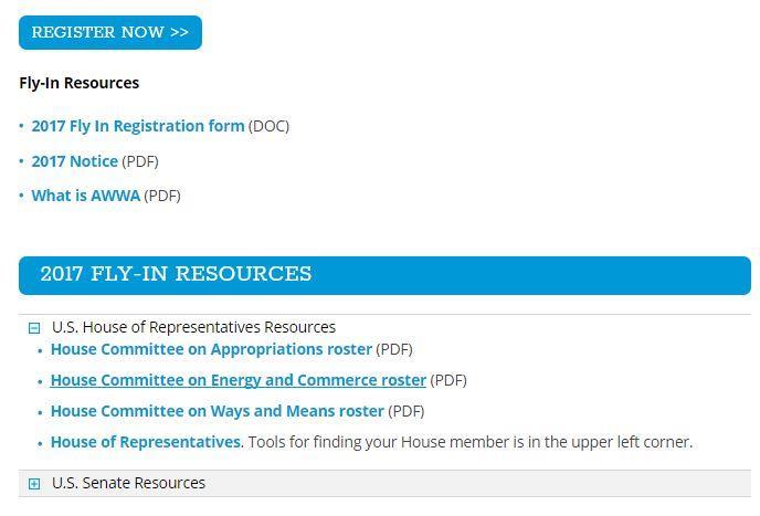 Fly-In resources Materials can be found on the AWWA website: https://www.awwa.org/legislationregulation/leadership/water-matters-fly-in.