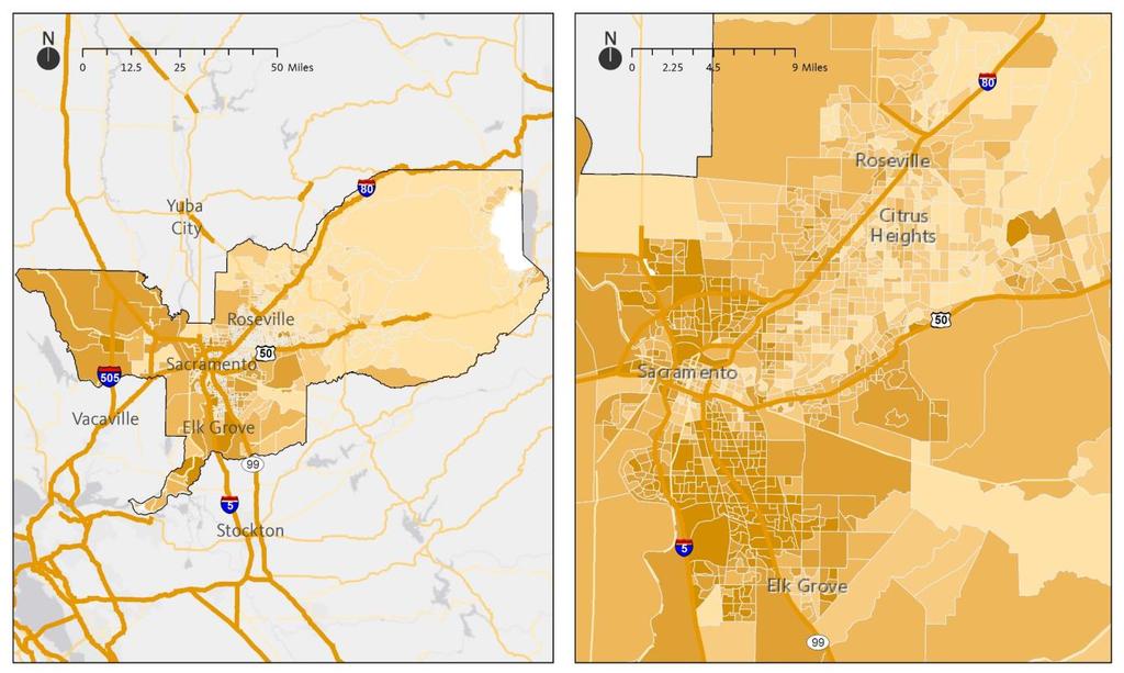 Demographics How racially/ethnically diverse is the region? 20 Communities of color are spread throughout Sacramento, but are more concentrated on the west side of the region.