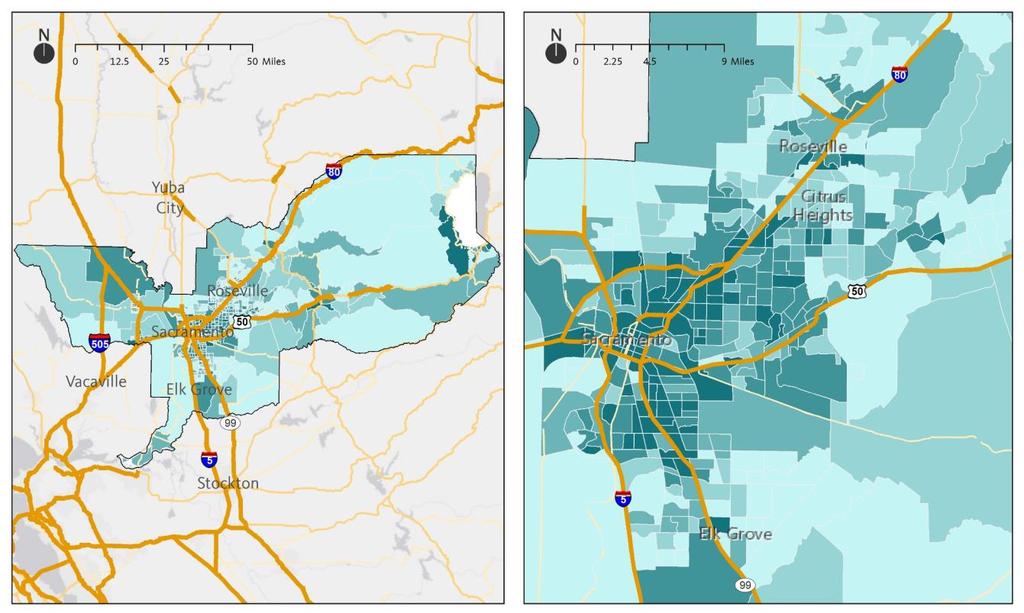 Connectedness Do residents have transportation choices? 93 Car access also varies across the region, but is lowest in the city of Sacramento and in pockets across Placer County.
