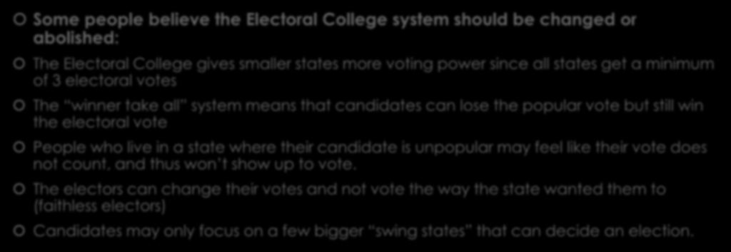 Negatives of the Electoral College Some people believe the Electoral College system should be changed or abolished: The Electoral College gives smaller states more voting power since all states get a