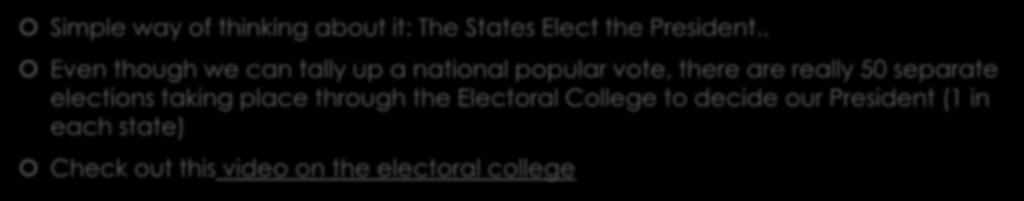What is the Electoral College Simple way of thinking about it: The States Elect the President.