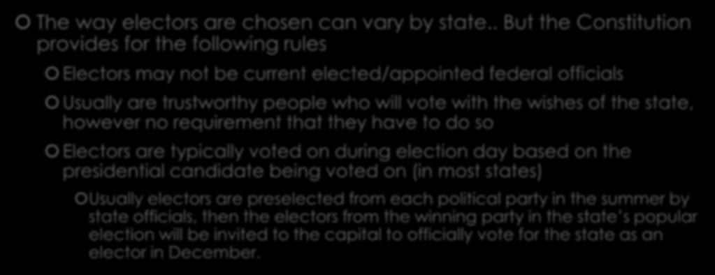 Who are the Electors? The way electors are chosen can vary by state.