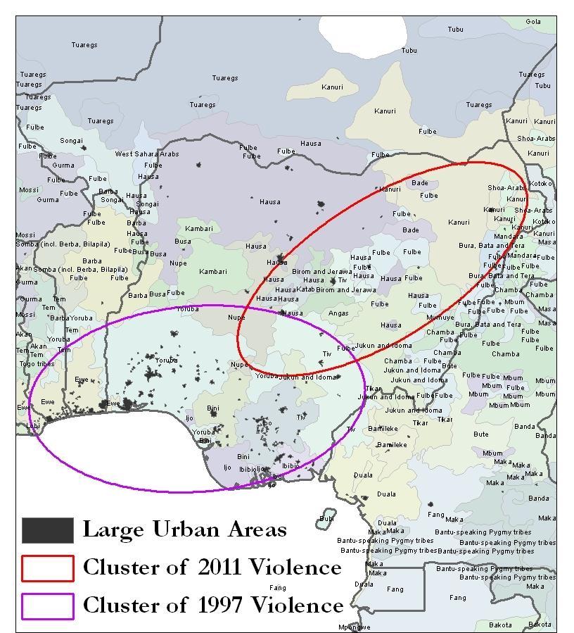 Image 3: Nigerian violence concentrated by location This image presents standardized elipses displaying the difference between 1997 violence areas (in purple) and 2011 violence areas (in red).