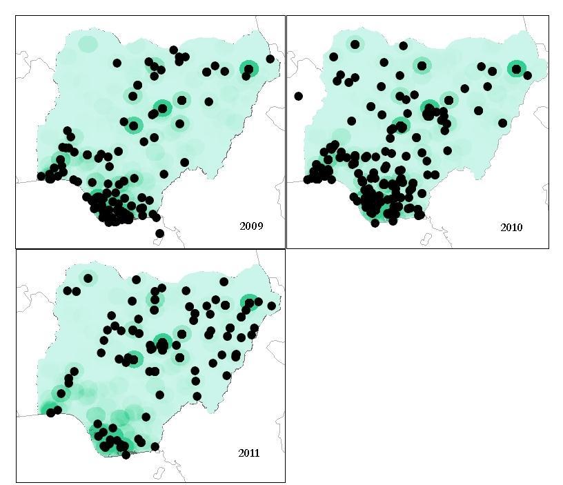 The information in these maps displays three clear geographical factors in Nigeria s violence: 1. There has been a distinct shift northwards in recent years.