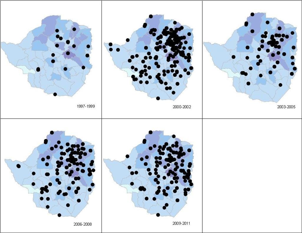 Image 7: Zimbabwe violence over time (1997 2011) Zimbabwe violence is both widespread and yet clustered in the large Shona ethno-linguistic homeland of the centre-northeast.