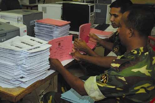 6 Elections in Bangladesh 2006-2009: Helping to return democracy to Bangladesh, the Bangladesh Army assists the PERP project to prepare voter lists for distribution to over 35,000 polling centers