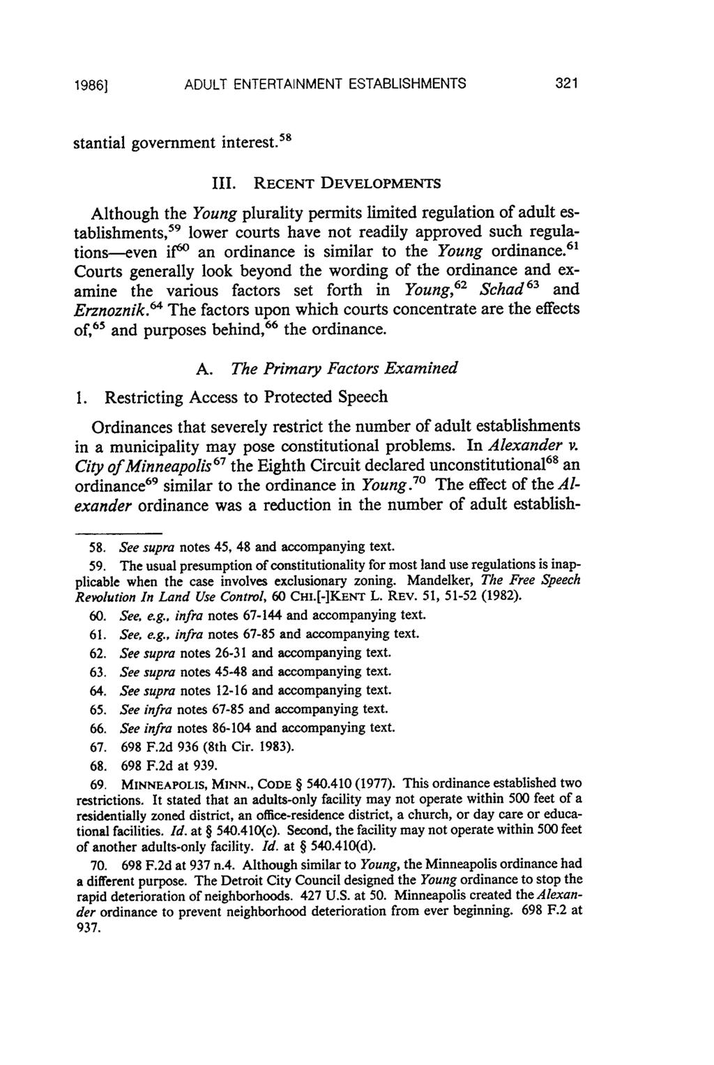 19861 ADULT ENTERTAINMENT ESTABLISHMENTS stantial government interest. 58 III.