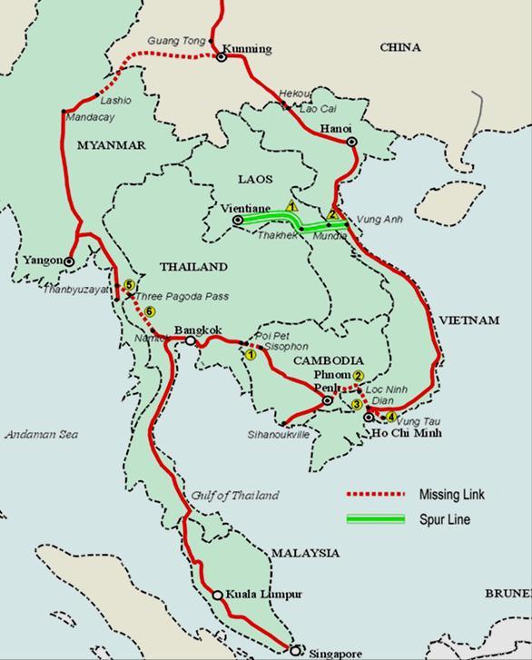 Singapore-Kunming Rail Link (SKRL) Construct missing links.......... Aranyaprathet-Klongluk (Thailand): As of July 2015, construction of the 6 km missing link is 95%.
