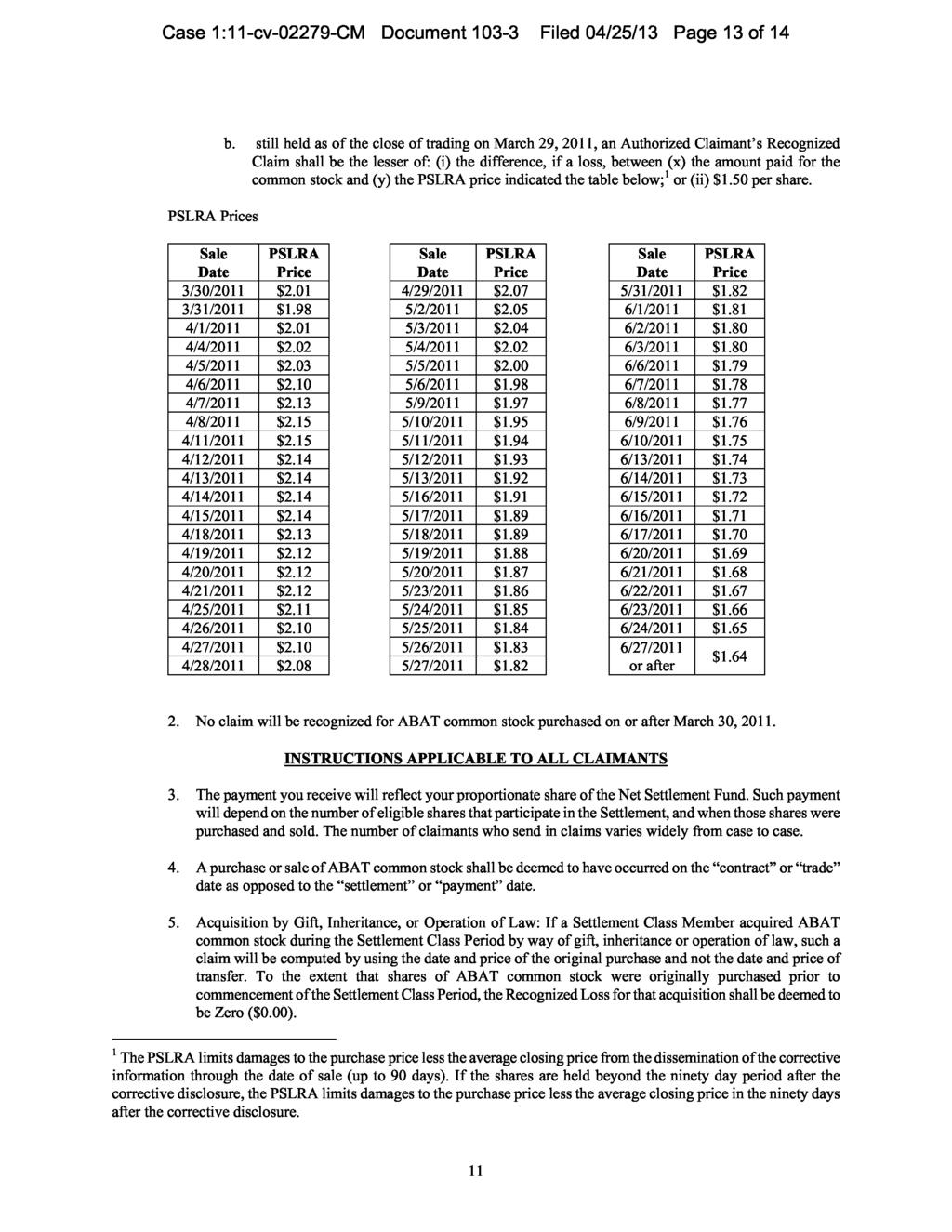 Case 1:11-cv-02279-CM Document 103-3 Filed 04/25/13 Page 13 of 14 PSLRA Prices b.