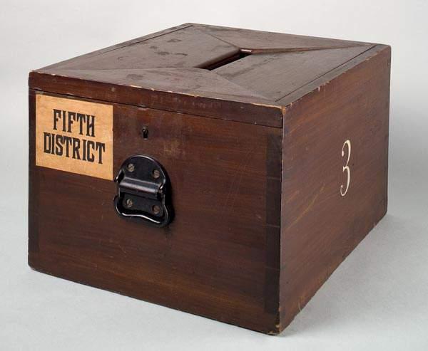 Jackson believed the spoils system expanded democracy. A wooden ballot box used in the northeastern United States in the 1870s.