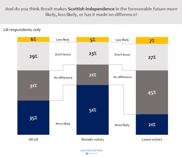In Great Britain, Remain voters (38) were more likely than Leave voters (18) to think Brexit had made Irish unification in the foreseeable future more likely.