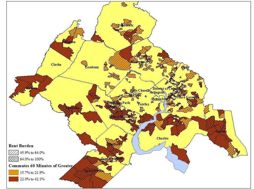 A Portrait of Rent- and Commute-Burdened Households When Rent burden concentrations were mapped against Commute burden, there was an overlap of 55.2% of the tracts.