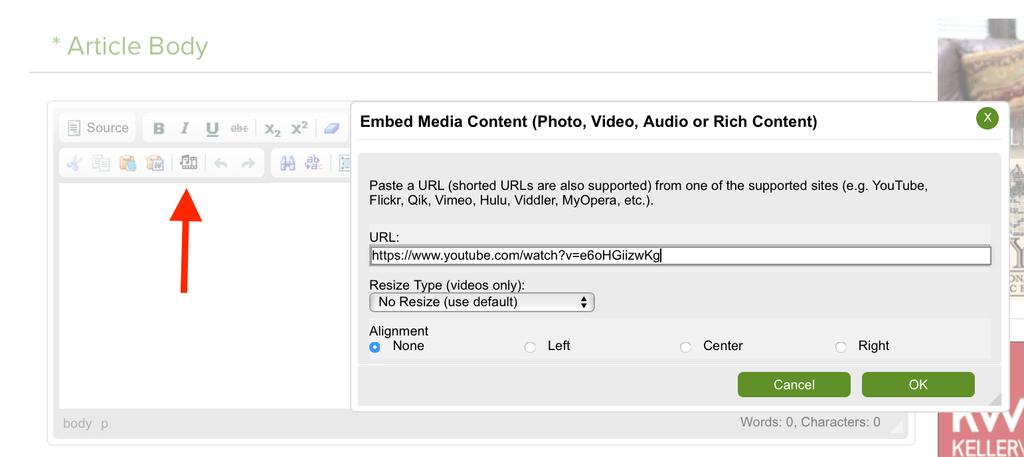 Enter Video in Article Body Click the icon labeled Embed