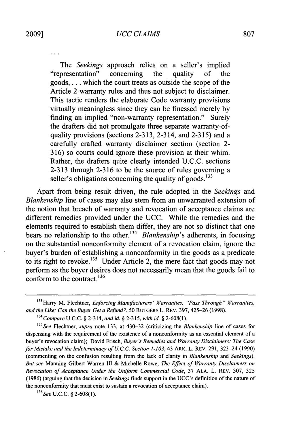 2009] UCC CLAIMS The Seekings approach relies on a seller's implied "representation" concerning the quality of the goods,.