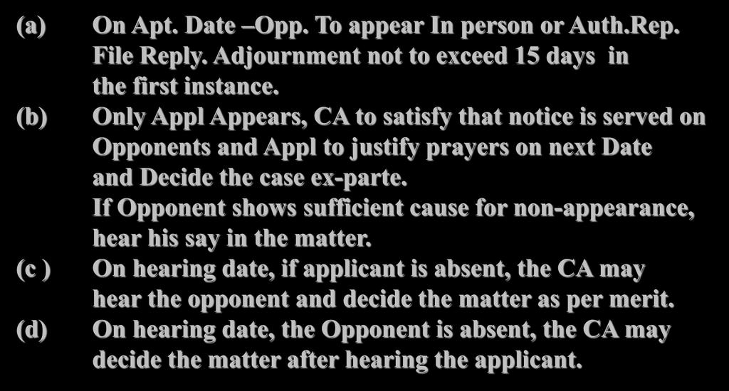 18) APPEARANCE & NON APPEARANCE (a) (b) (c ) (d) On Apt. Date Opp. To appear In person or Auth.Rep. File Reply. Adjournment not to exceed 15 days in the first instance.
