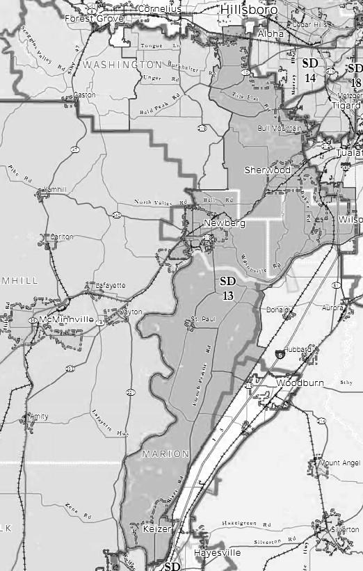 13th Senate District AREA All: none. Part: Washington, Yamhill, Marion. Communities: Keizer (part), Newberg, Wilsonville (part), Hillsboro (part), Tigard (part), Sherwood, St. Paul.