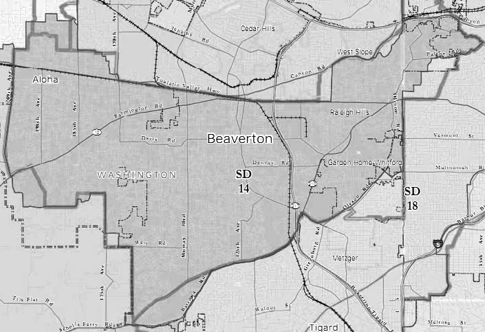 14th Senate District AREA All: none. Part: Washington, Multnomah. Communities: Beaverton (part), Aloha, Raleigh Hills, West Slope, Garden Home. POPULATION 129,323 Previous district: 126,140 (-1.