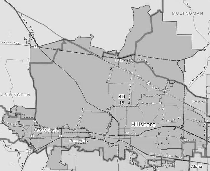 15th Senate District AREA All: none. Part: Washington. Communities: Hillsboro (part), Forest Grove, Cornelius, North Plains. POPULATION 129,263 Previous district: 140,429 (+9.97 from target).