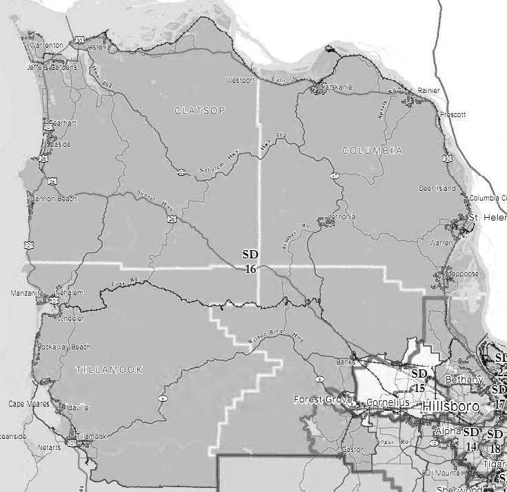 16th Senate District AREA All: Clatsop, Columbia. Part: Tillamook, Washington. Communities: St.