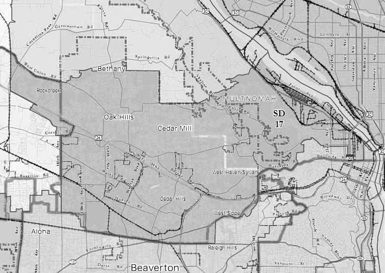 17th Senate District AREA All: none. Part: Washington, Multnomah. Communities: Beaverton (part), Portland (part NW), Cedar Mill, Bethany, Sylvan, West Slope, Rockcreek.