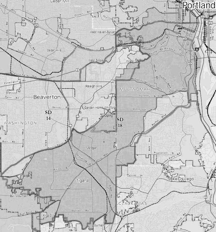 18th Senate District AREA All: none. Part: Multnomah, Washington, Clackamas. Communities: Portland (part SW), Tigard, Metzger. POPULATION 129,097 Previous district: 129,443 (+1.36 from target).
