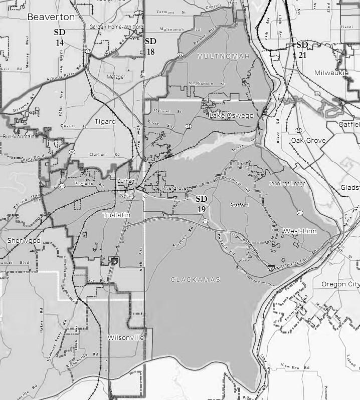 19th Senate District AREA All: none. Part: Clackamas, Washington, Multnomah. Communities: Lake Oswego, West Linn, Tualatin, Portland (part- SW), King City, Durham.