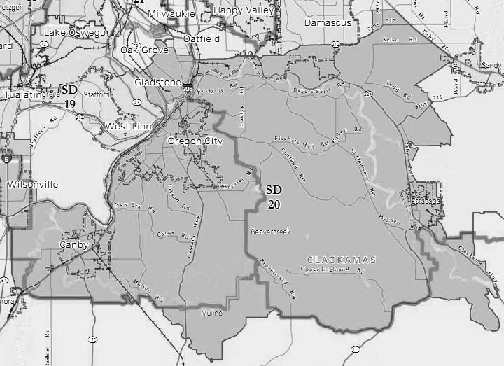 20th Senate District AREA All: none. Part: Clackamas. Communities: Oregon City, Canby, Gladstone, Estacada, Damascus (part), Sandy (part), Aurora (part), Wilsonville (part), Beavercreek, Mulino.