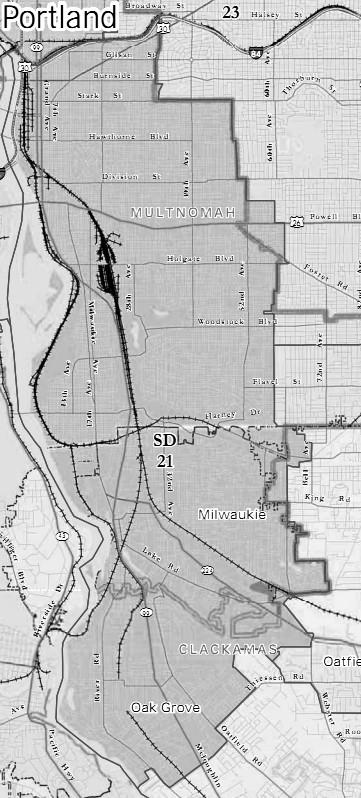 21st Senate District AREA All: none. Part: Multnomah, Clackamas. Communities: Portland (part/s central), Milwaukee, Oak Grove. POPULATION 127,109 Previous district: 118,917 (-6.88 from target).