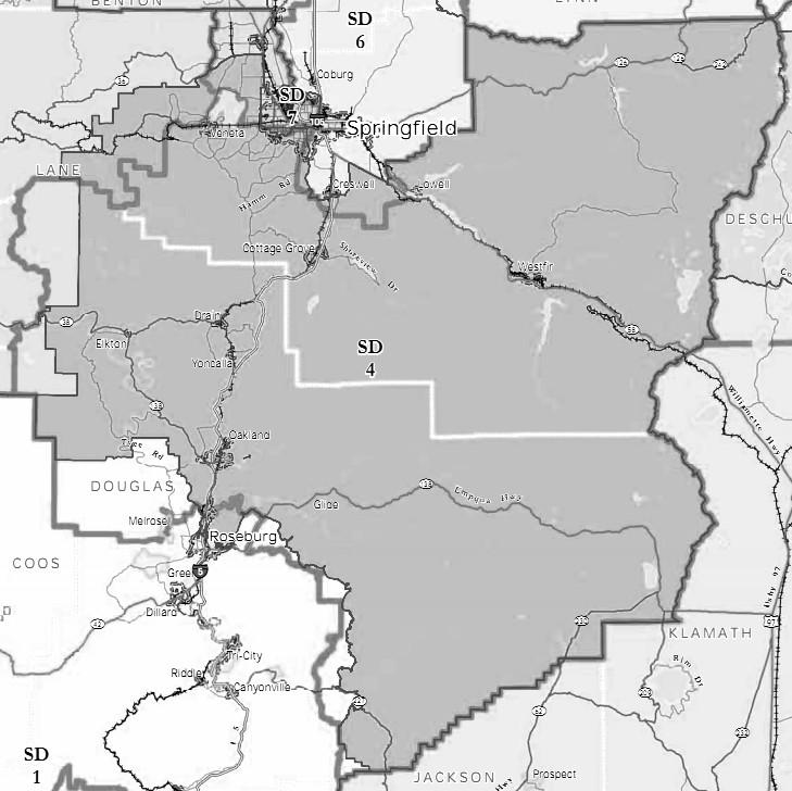4th Senate District AREA All: none. Part: Lane, Douglas. Communities: Eugene (part), Roseburg (part), Veneta, Cottage Grove, Oakland, Yoncalla, Darin, Elkton, Glide, Lowell.