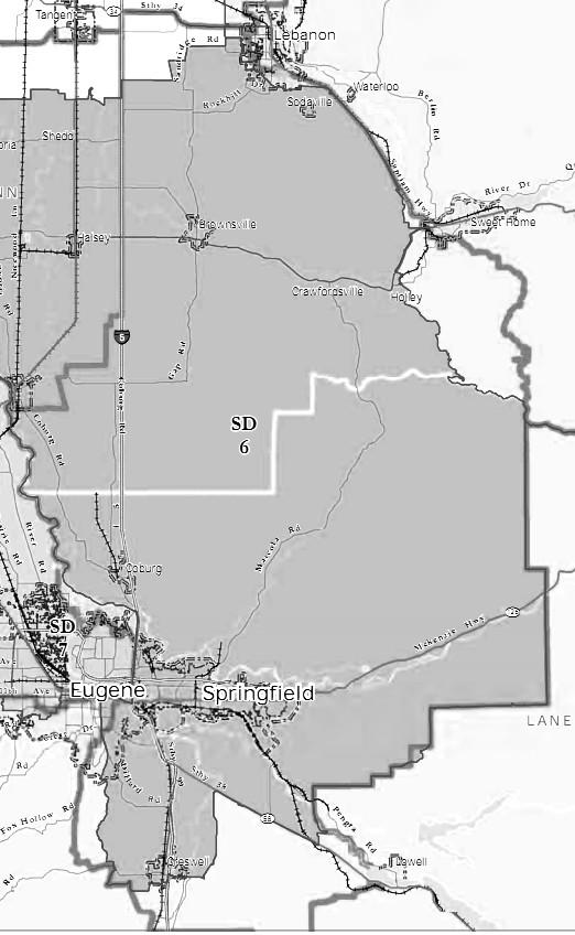 6th Senate District AREA All: none. Part: Lane, Linn. Communities: Springfield, Eugene (part), Lebanon (part), Harrisburg, Coburg, Creswell, Brownsville, Crawfordsville, Halsey, Sodaville.