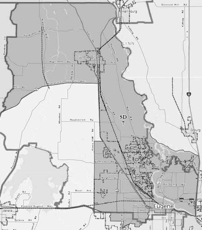 7th Senate District AREA All: none. Part: Lane. Communities: Eugene, Junction City, Santa Clara. POPULATION 127,510 Previous district: 126,608 (-0.86 from target). Increase 00s: +10.71 (13th largest).