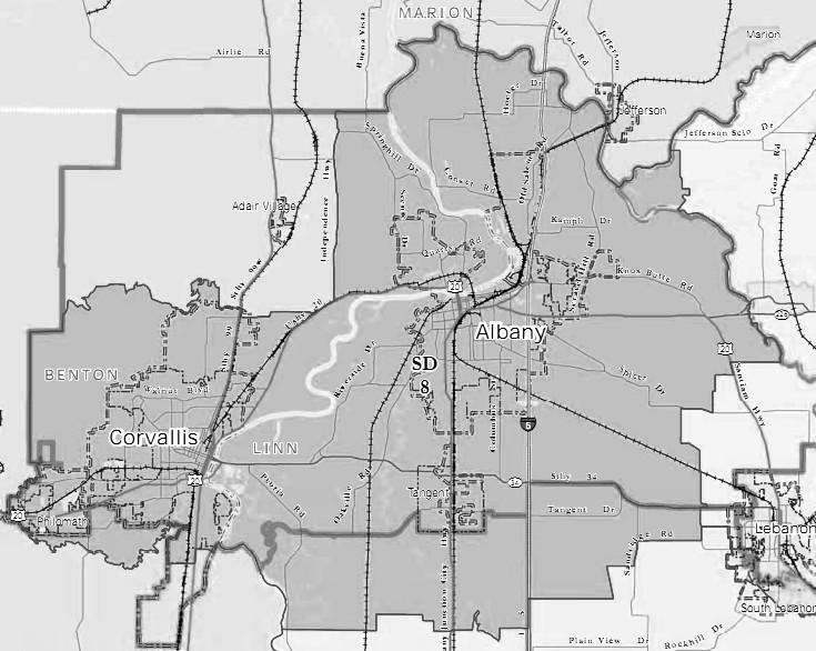 8th Senate District AREA All: none. Part: Linn, Benton. Communities: Albany, Corvallis, Philomath, Tangent. POPULATION 126,887 Previous district: 130,092 (+1.87 from target). Increase 00s: +13.