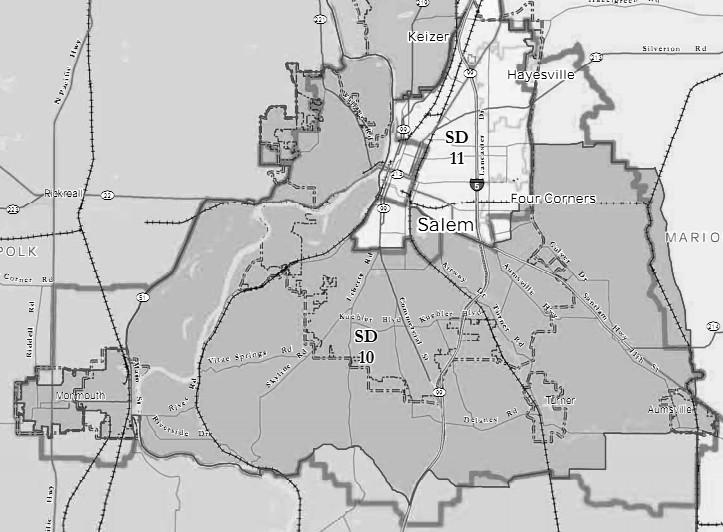10th Senate District AREA All: none. Part: Marion, Polk. Communities: Salem (part), Monmouth, Independence, Turner, Aumsville. POPULATION 128,555 Previous district: 133,151 (+4.27 from target).