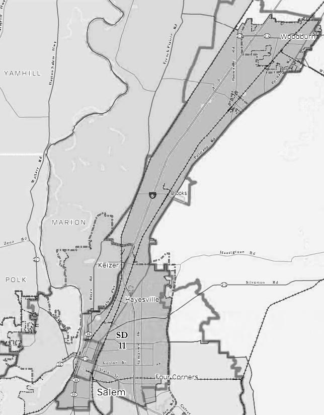 11th Senate District AREA All: none. Part: Marion. Communities: Salem (part), Woodburn, Keizer (part), Hayesville, Gervais, Brooks. POPULATION 129,044 Previous district: 125,061 (-2.07 from target).